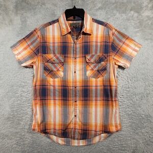 Decree Pearl Snap Shirt Mens Large Orange Plaid Short Sleeve Cotton Casual